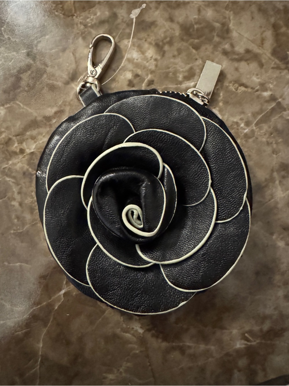 Black Floral Round Mini Bag with White Piping